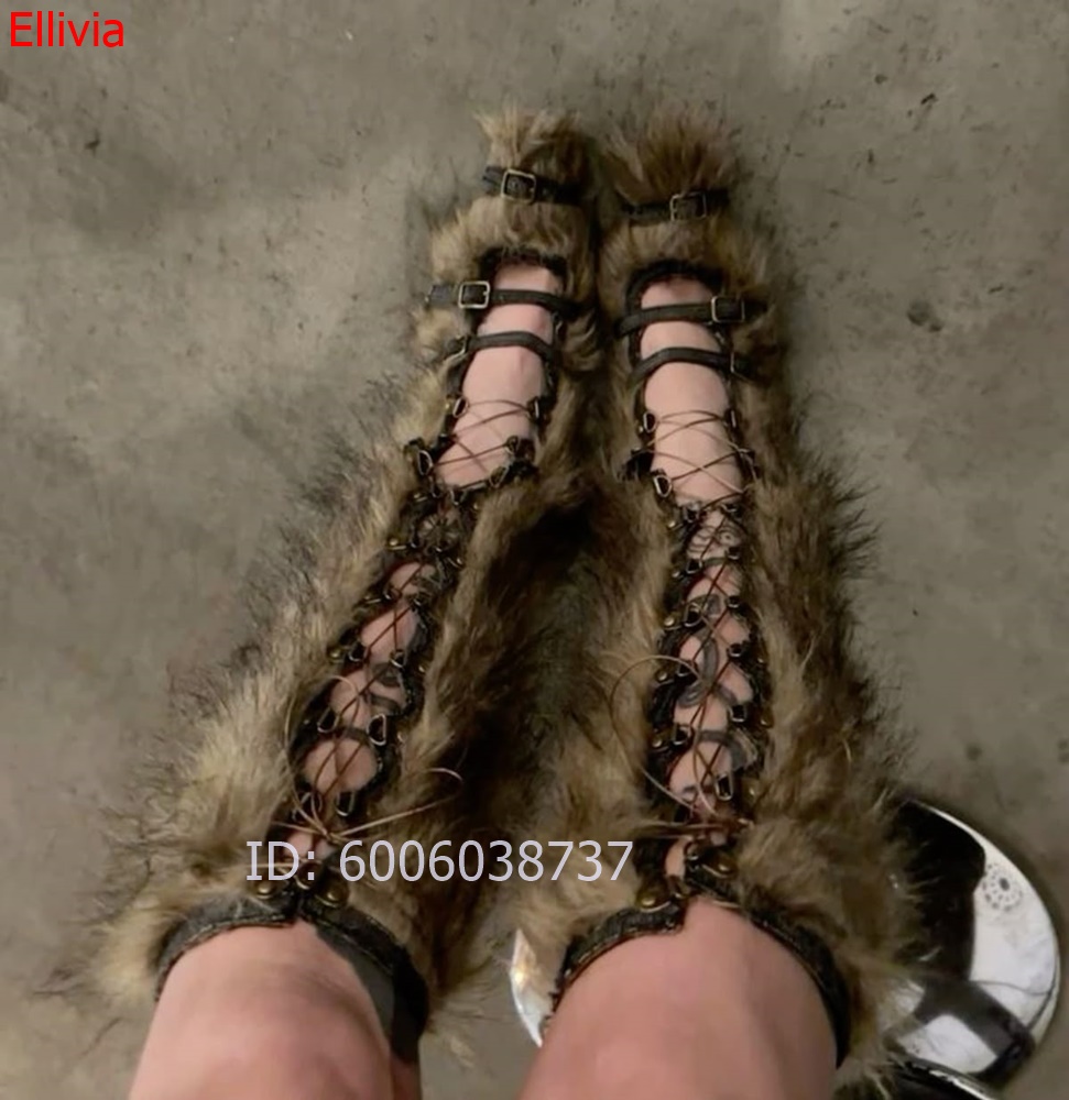 Women Furry Knee High Boots Op - огляд і ціна Elastic Lace Trim