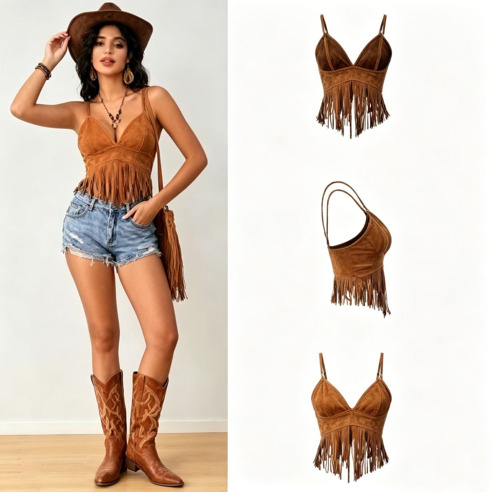 Vintage Faux Suede Women Crop  - огляд і ціна Tassel Fringe Trim