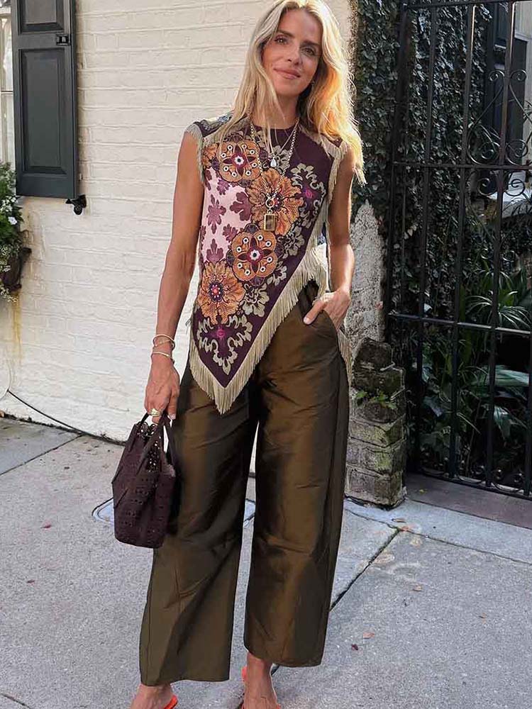 Fashion Floral Print Top With  - огляд і ціна Tassel Fringe Trim